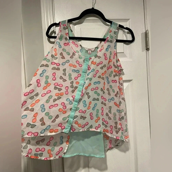 Candies Sheer Neon Sunglasses Print Flowy Button Tank Top Beach Travel Size S - Picture 6 of 9